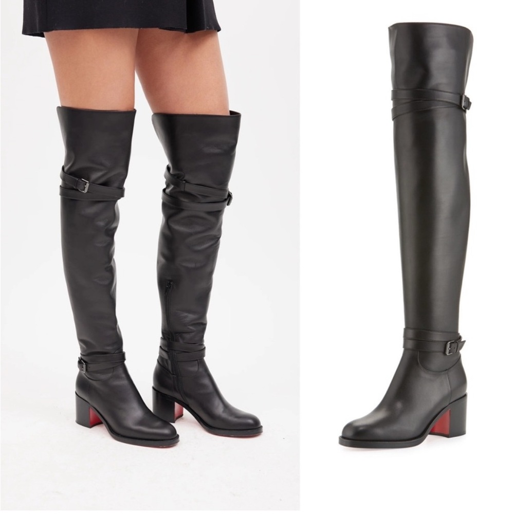 Christian Louboutin Black Leather Karialta Over the Knee Boots Thigh High